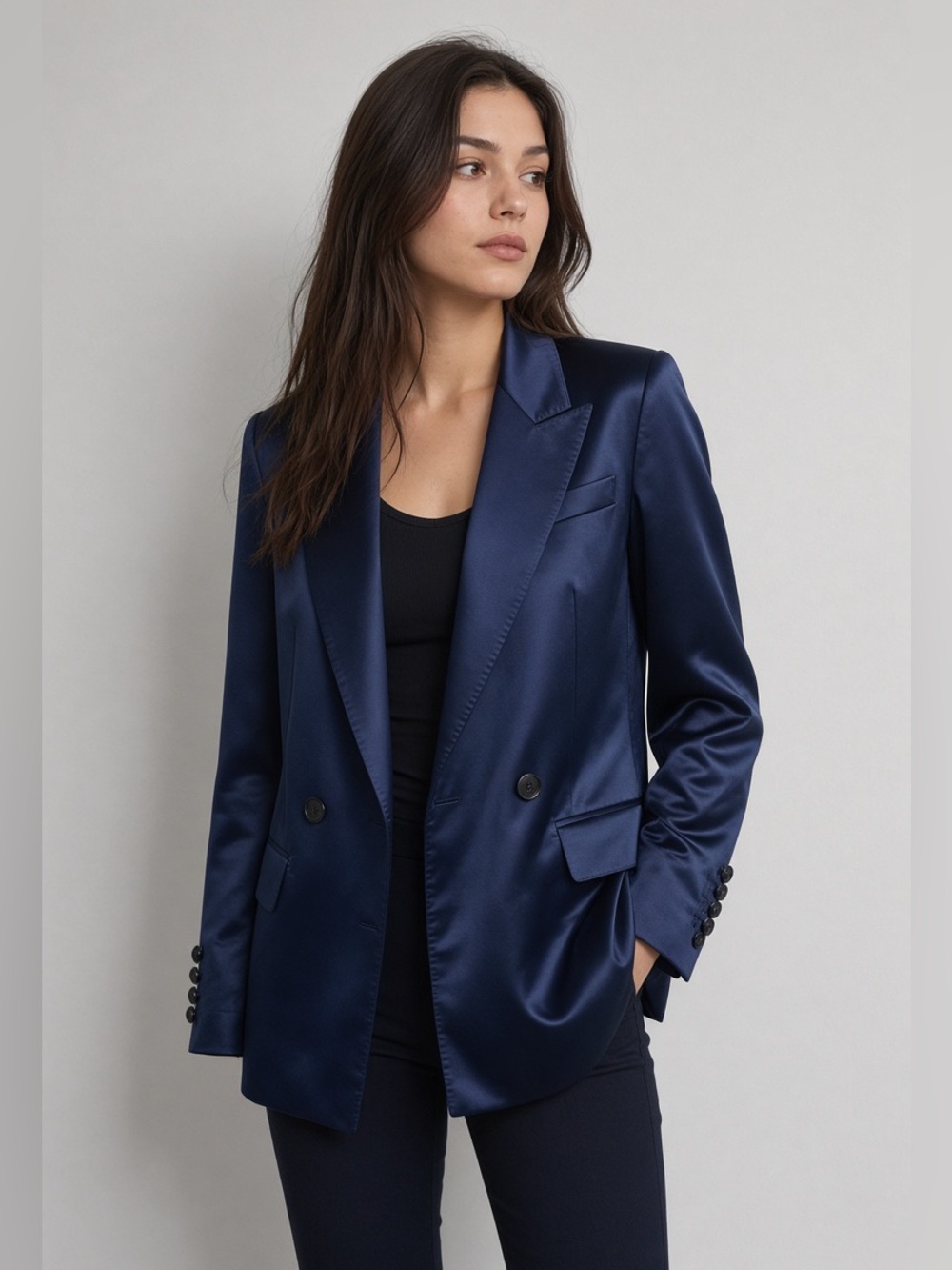 House of Harlow 1960 Satin Navy Single-Button Blazer